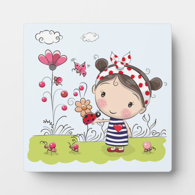 Cute Cartoon Girl with Ladybug in Garden Scene Plaque (Front)