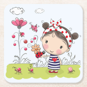 Cute Cartoon Girl with Ladybug in Garden Scene Square Paper Coaster