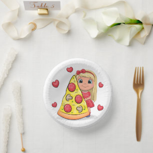 Cute cartoon girl with pizza paper plate