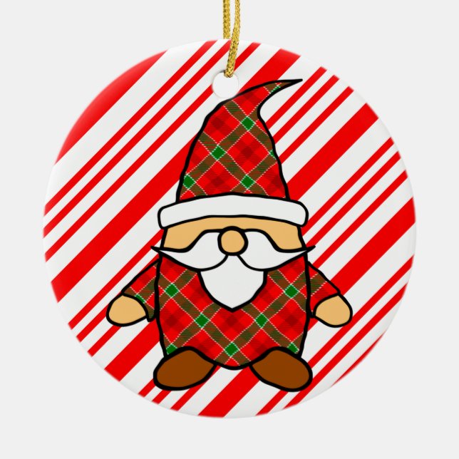 Cute Cartoon Gnome Candy Cane Drawing Ceramic Ornament (Front)