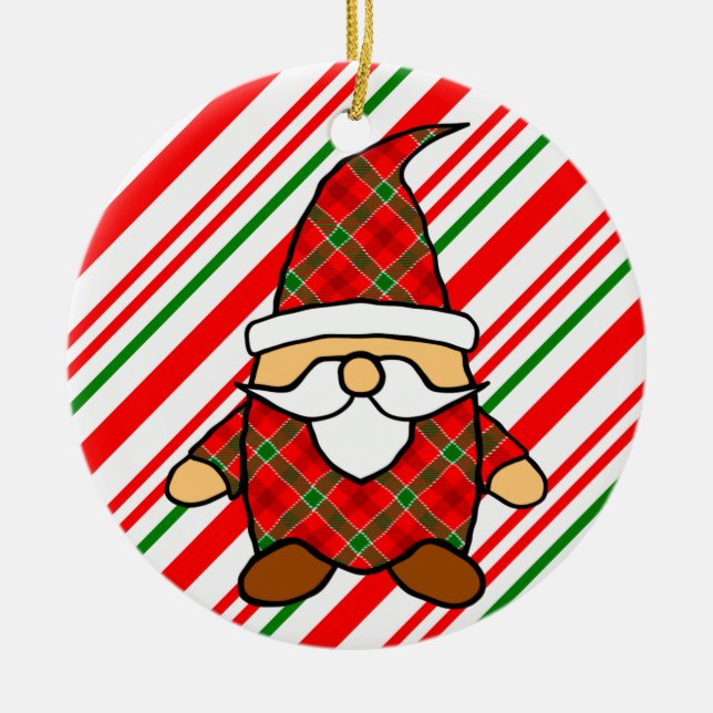 Cute Cartoon Gnome Candy Cane Drawing Ceramic Ornament (Front)