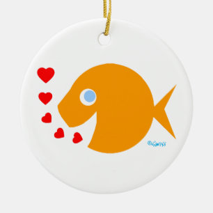 Cute Cartoon Goldfish Kisses with Love Message Ceramic Ornament