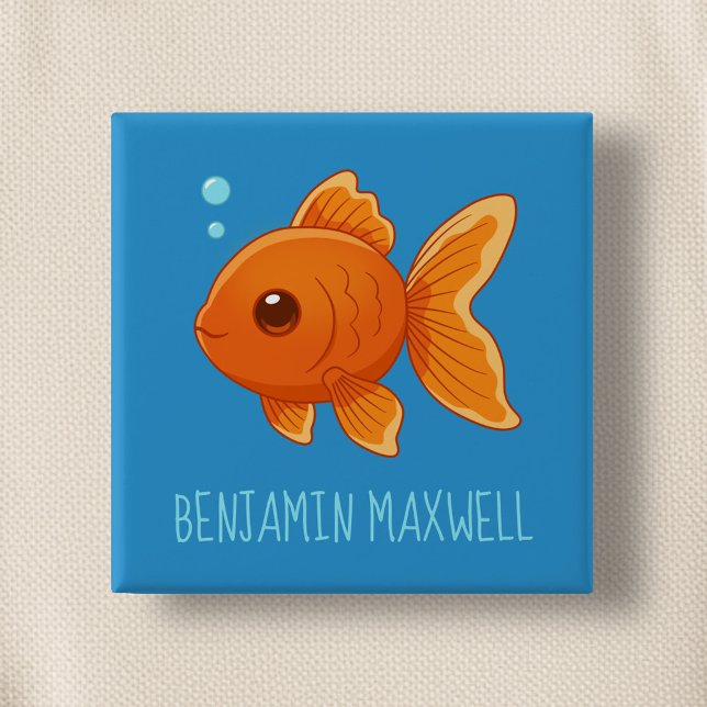 Cute Cartoon Goldfish on Blue Custom Name 2 Inch Square Button (Creator Uploaded)