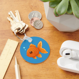 Cute Cartoon Goldfish on Blue Keychain