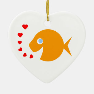 Cute Cartoon Goldfish with Blue Eyes Heart-Shaped Ceramic Ornament