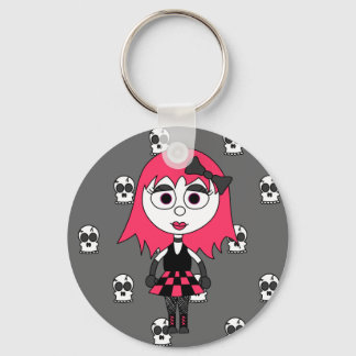 Cute Cartoon Goth Girl And Skulls Keychain