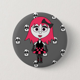 Cute Cartoon Goth Girl And Skulls Pin