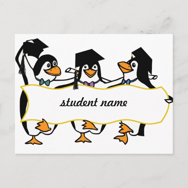 Cute Cartoon Graduating Penguins w/Banner Announcement Postcard (Front)
