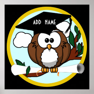 Cute Cartoon Graduation Owl With Cap & Diploma Poster