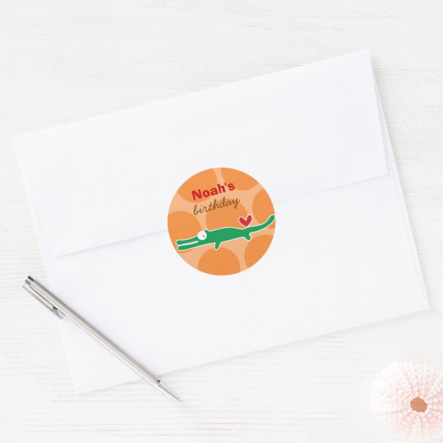 Cute Cartoon Green Alligator Kid's Birthday Party Classic Round Sticker (Envelope)