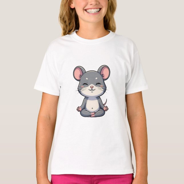 Cute Cartoon Grey Mouse Meditating in Lotus Pose T-Shirt (Front)
