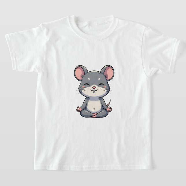 Cute Cartoon Grey Mouse Meditating in Lotus Pose T-Shirt (Laydown)