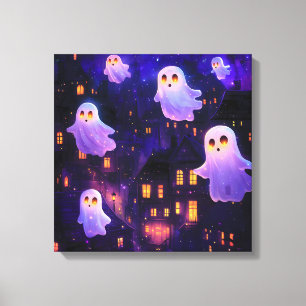 Cute Cartoon Halloween Midnight Flying Ghosts Canvas Print