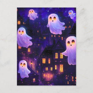 Cute Cartoon Halloween Midnight Flying Ghosts Holiday Postcard