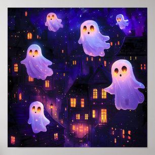 Cute Cartoon Halloween Midnight Flying Ghosts Poster