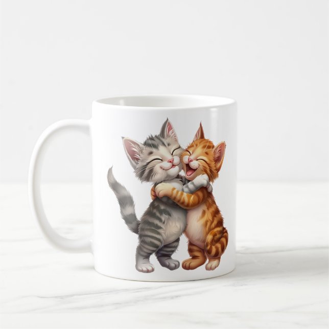 Cute Cartoon Happy Cats Hug Coffee Mug (Left)