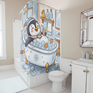 Cute Cartoon Happy Penguin Taking a Bath