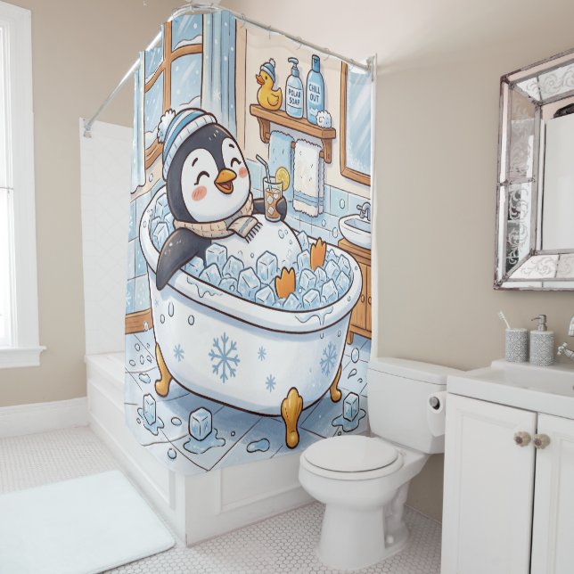Cute Cartoon Happy Penguin Taking a Bath (In Situ)
