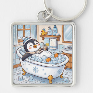 Cute Cartoon Happy Penguin Taking a Bath Keychain