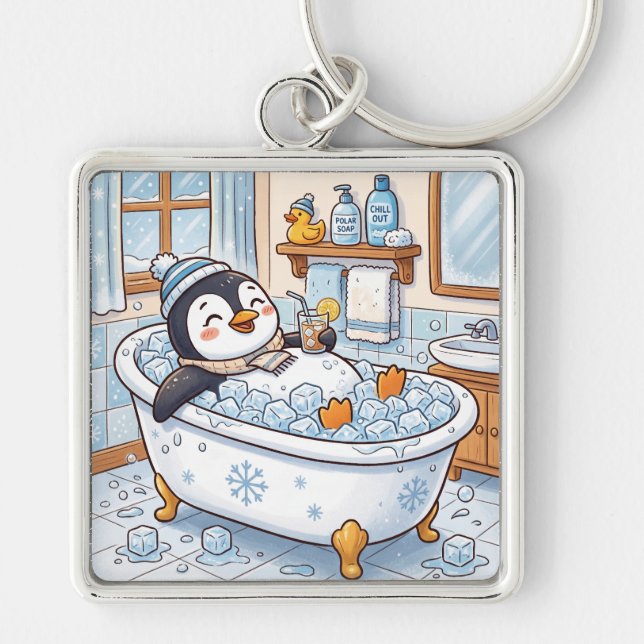 Cute Cartoon Happy Penguin Taking a Bath Keychain (Front)