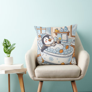 Cute Cartoon Happy Penguin Taking a Bath Throw Pillow