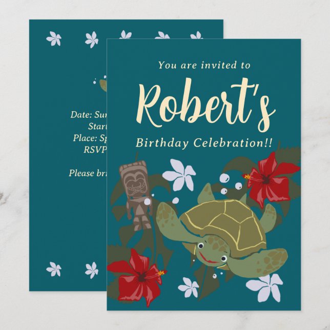 Cute Cartoon Hawaii Sea Turtle Birthday Invitation (Devant / Derrière)
