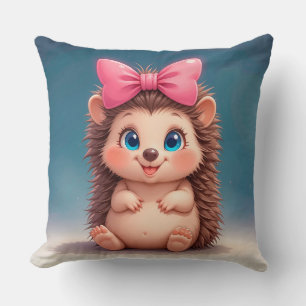 Cute Cartoon Hedgehog with Pink Bow Throw Pillow