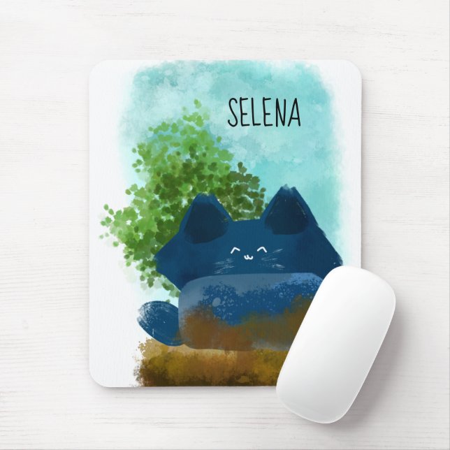 Cute Cartoon Hidden Fluffy Blue Cat Mouse Pad (With Mouse)