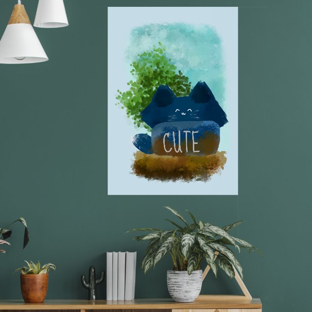 Cute Cartoon Hidden Fluffy Blue Cat Poster (Living Room 1)