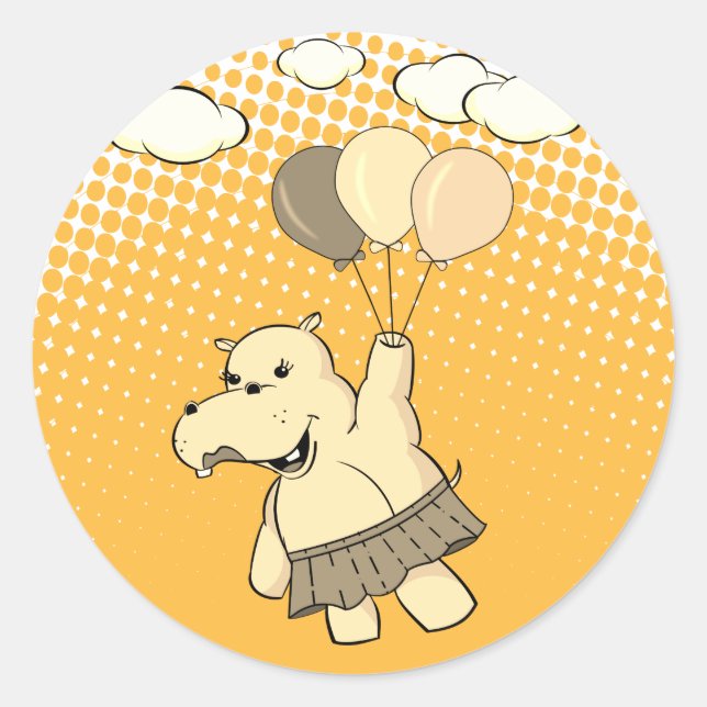 Cute Cartoon Hippo Flying With Balloons Classic Round Sticker (Front)