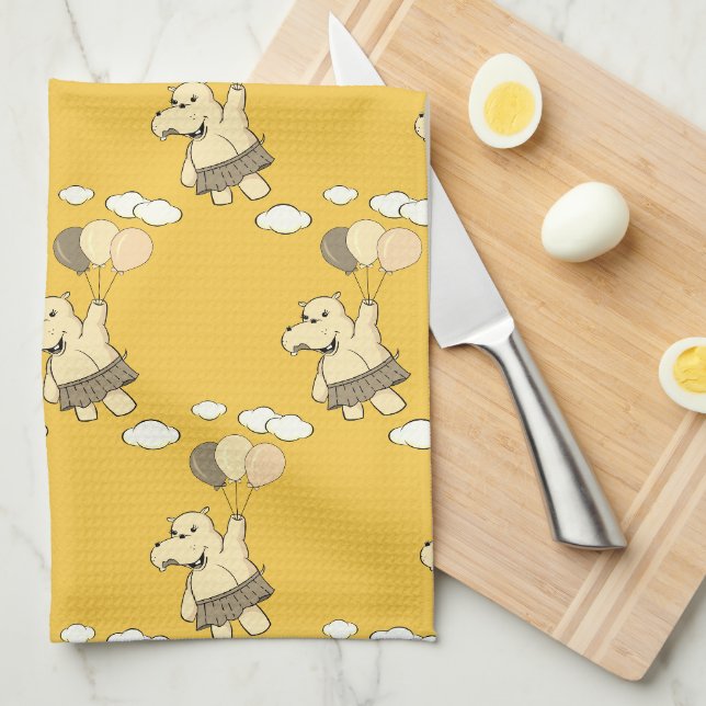 Cute Cartoon Hippo Flying With Balloons Kitchen Towel (Quarter Fold)