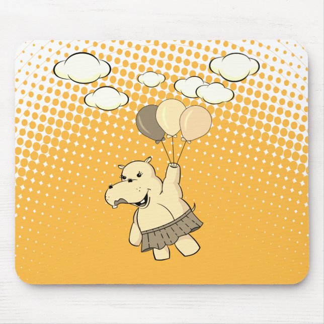 Cute Cartoon Hippo Flying With Balloons Mouse Pad (Front)