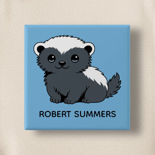 Cute Cartoon Honey Badger Custom Name Blue 2 Inch Square Button