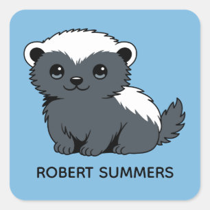 Cute Cartoon Honey Badger Custom Name Blue Square Sticker