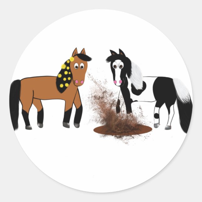 Cute Cartoon Horses playing Classic Round Sticker (Front)