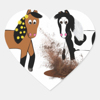Cute Cartoon Horses playing in Big Bad Scary Mud P Heart Sticker