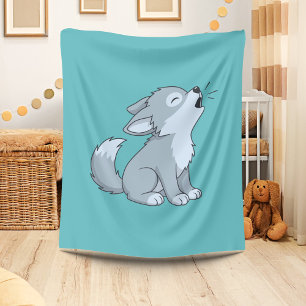 Cute Cartoon Howling Wolf Pup Green Fleece Blanket