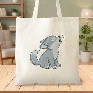 Cute Cartoon Howling Wolf Pup Tote Bag