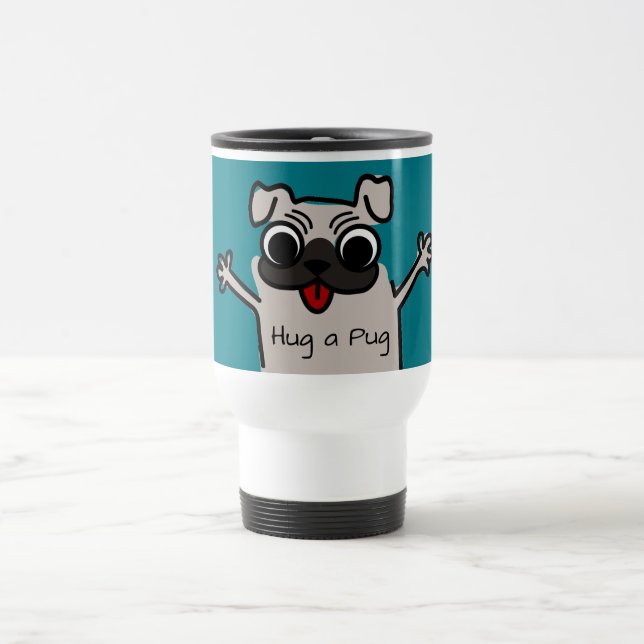 Cute Cartoon Hug a Pug Teal Travel Mug (Center)
