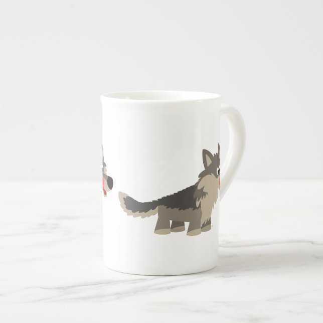 Cute Cartoon Hungry Wolf Bone China Mug (Front Right)