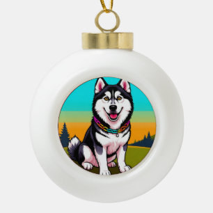 Cute Cartoon husky Dog with Collar Ceramic Ball Christmas Ornament