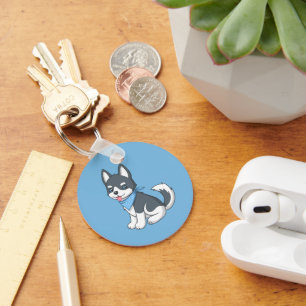 Cute Cartoon Husky Puppy Dog on Blue Keychain