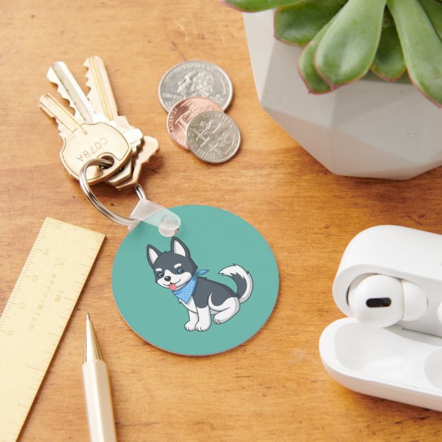 Cute Cartoon Husky Puppy Dog on Green Keychain (Desk)