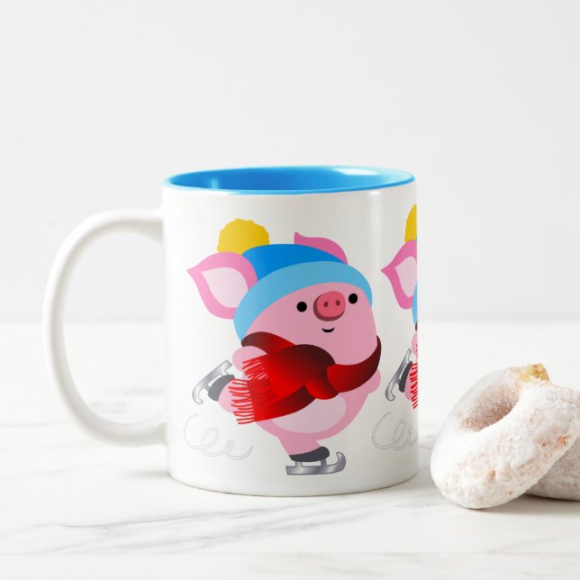 Cute Cartoon Ice Skating Pig Mug (With Donut)