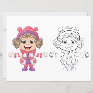 Cute cartoon in winter suit colouring page