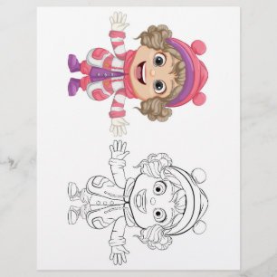 Cute cartoon in winter suit colouring page
