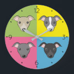 Cute cartoon Italian greyhounds colourful pop art Large Clock<br><div class="desc">Cartoon pop art  - cute Italian greyhound faces in 4 colours :) 🔹 You can customize it - edit numbers font and colour,  rotate/resize image,  add text and more!  🔹🔹🔹 Send me a photo of your purchase or just share it and tag me @edrawings38art (on FB/IG/Twitter)! Thank you! 💜</div>