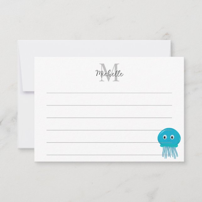 Cute Cartoon Jellyfish Custom Lined Monogram Card (Front)
