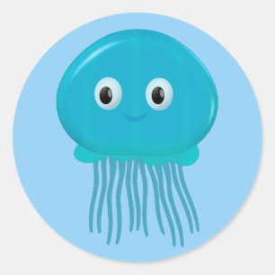 Cute Cartoon Jellyfish In Blue Ocean Classic Round Sticker