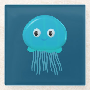 Cute Cartoon Jellyfish In Blue Ocean Glass Coaster